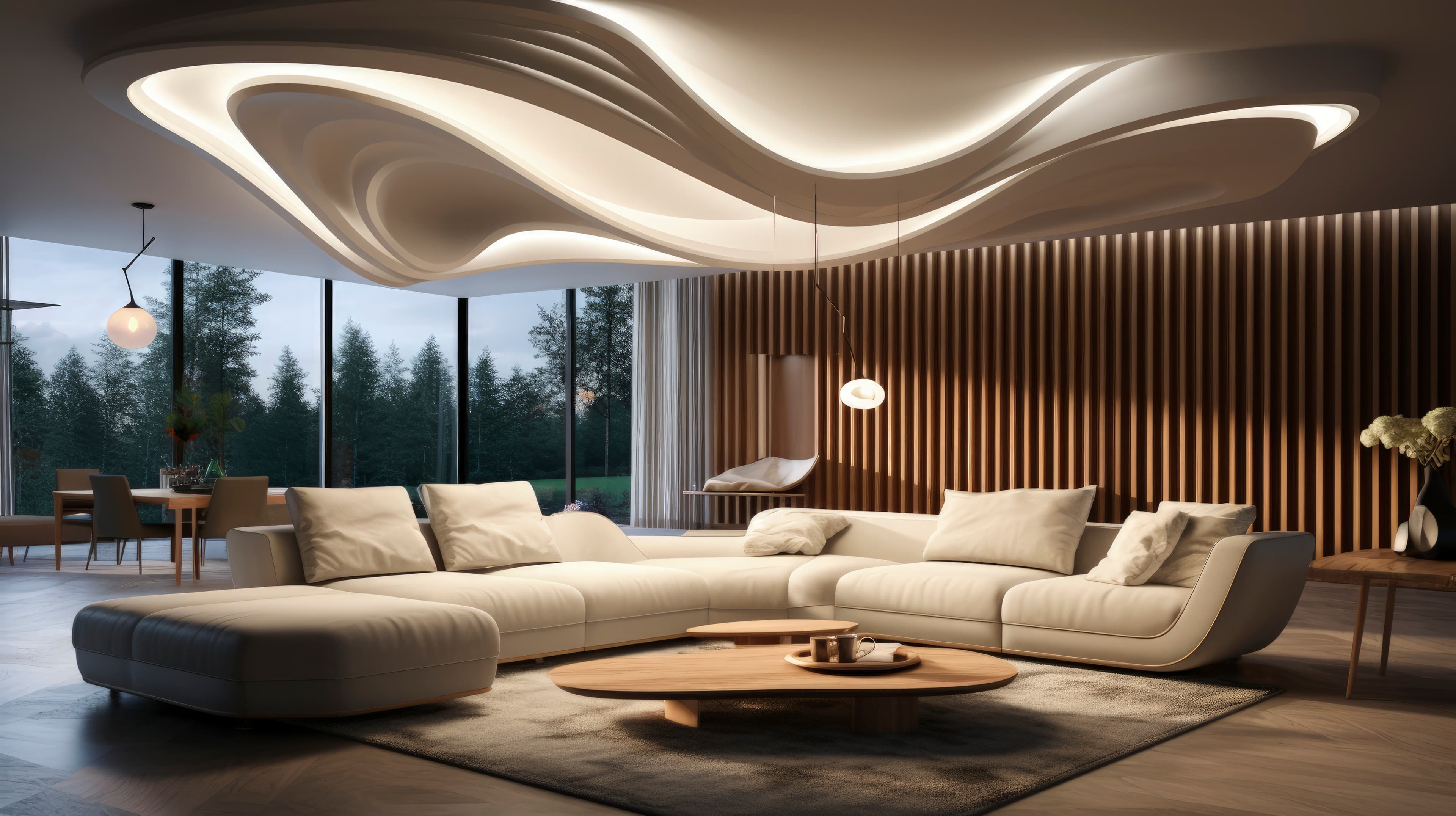 Luxury interior lounge with sculpted ceiling details